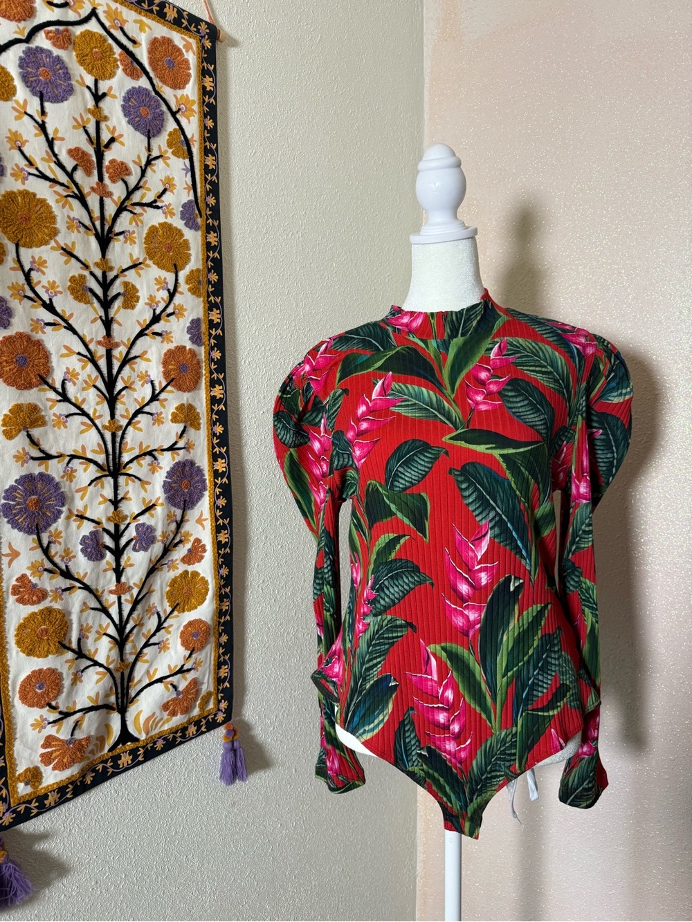 NWT FARM Rio Red Tropical Leaf & Pink Floral Long-Sleeve Bodysuit